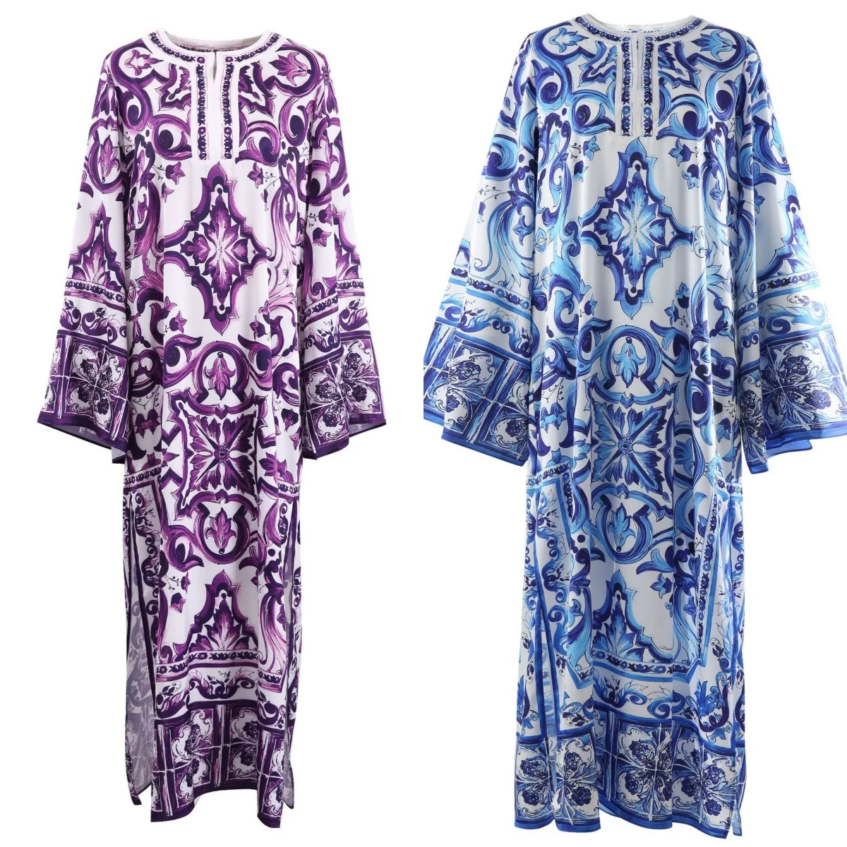 Abito caftano di seta Boho elegante di lusso per donna Abito lungo da spiaggia estivo con stampa porcellanata in viola/blu/rosso/giallo