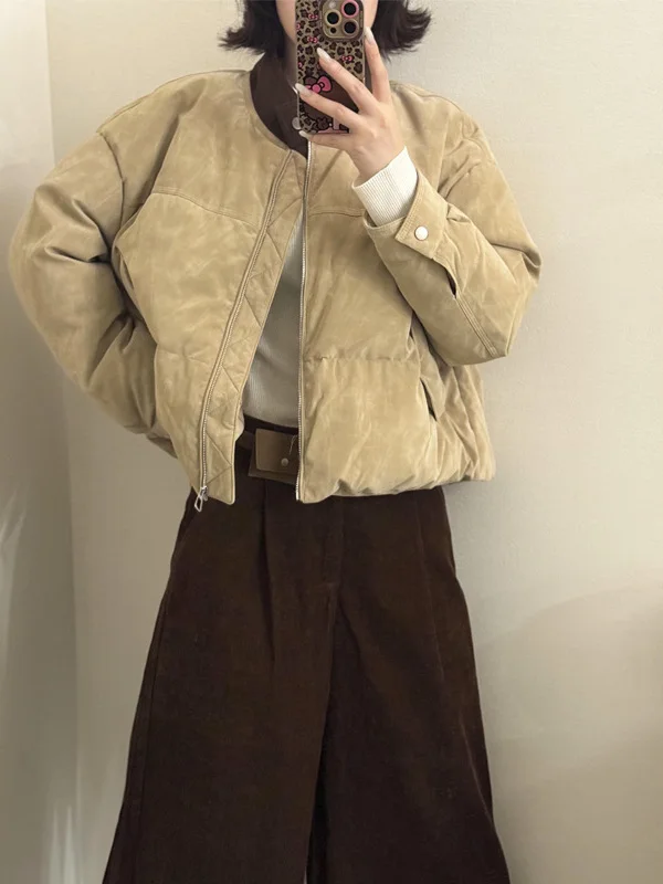 

Высококачественная женская хлопковая куртка цвета хаки на молнии, модная, в корейском стиле, с круглым вырезом, теплая зимняя, универсальная