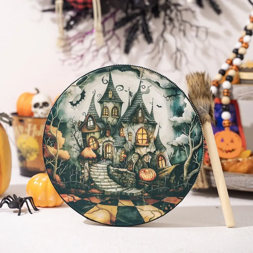 Witch Castle Halloween Shaman Drum with Drum Stick Handmade Halloween Decorative Drums Halloween Instrument Drum Hand Drum