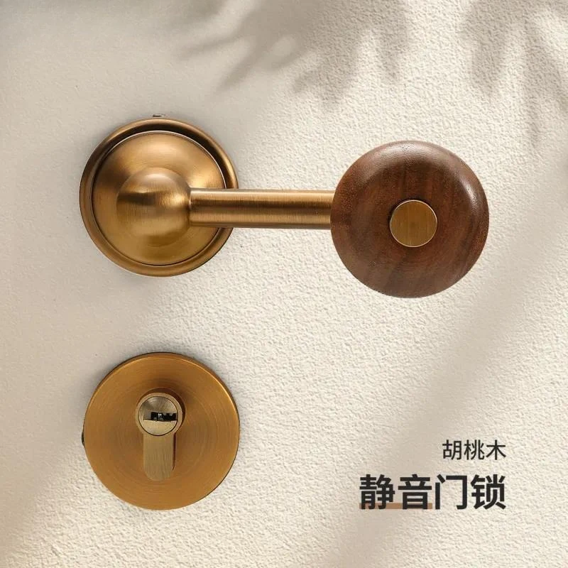 Medieval Magnetic Mute Door Handle Yellow Bronze Solid Wood Walnut Ball Lock Household Silent Latch for Bedroom Room