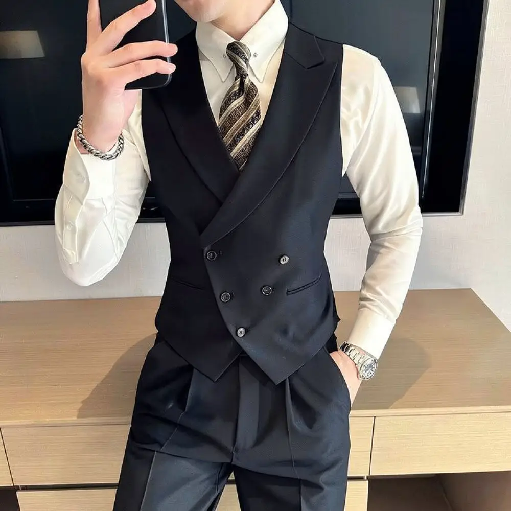 Mens Business Suit Vest British Style Slim Fit Peak Lapel Waistcoat Formal Casual Sleeveless Jacket Stylish Outwear