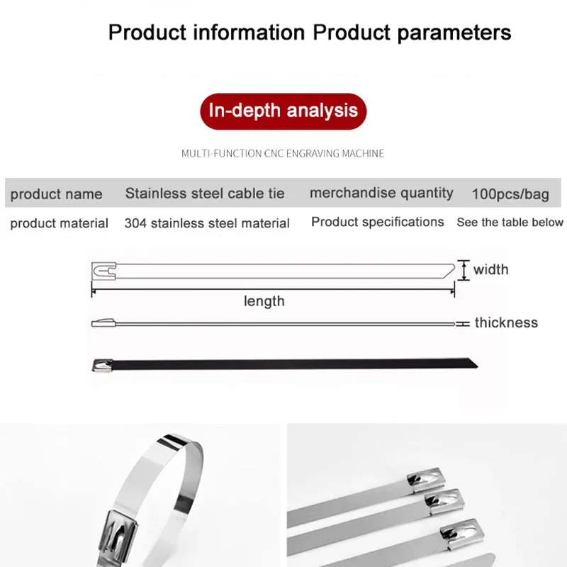 100PCS Stainless Steel Cable Ties, Self-locking High Temperature Resistant Metal Cable Ties, Buckle Type Wire-wound Locking Tool