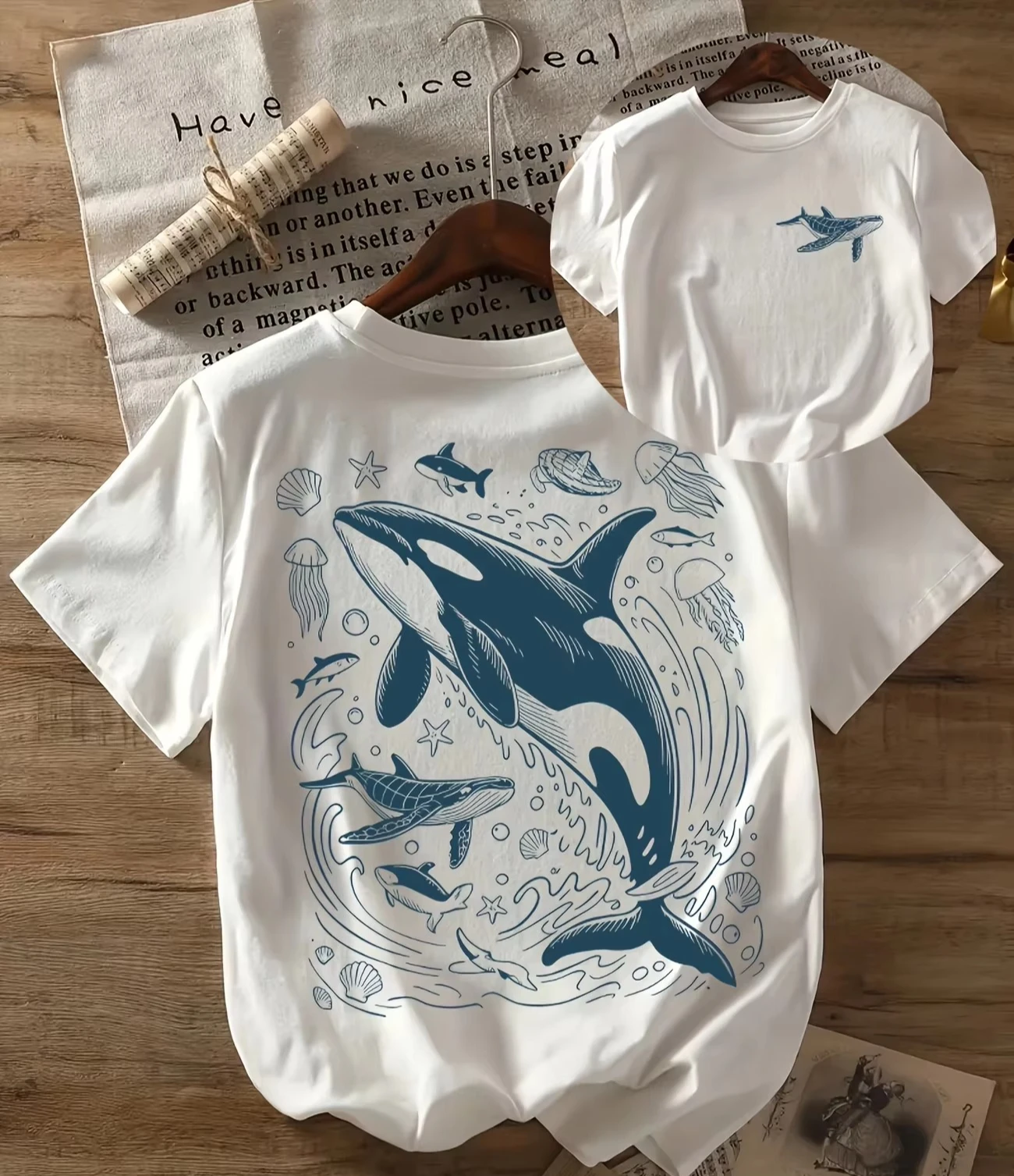 2026 Deep Sea Killer Whale Pattern T-shirt Men's Summer Fashion Short Sleeved T-shirt Retro Street Wear Ocean Aesthetic Top