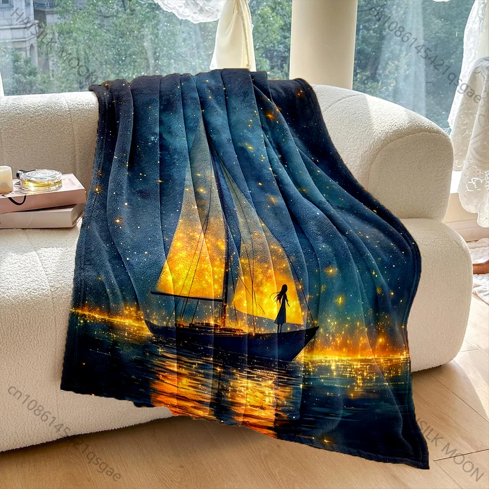 1PC Starry night glowing sailboat silhouette reflection Print Adult Children Warm Blankets Home Travel Car Soft Comfortable
