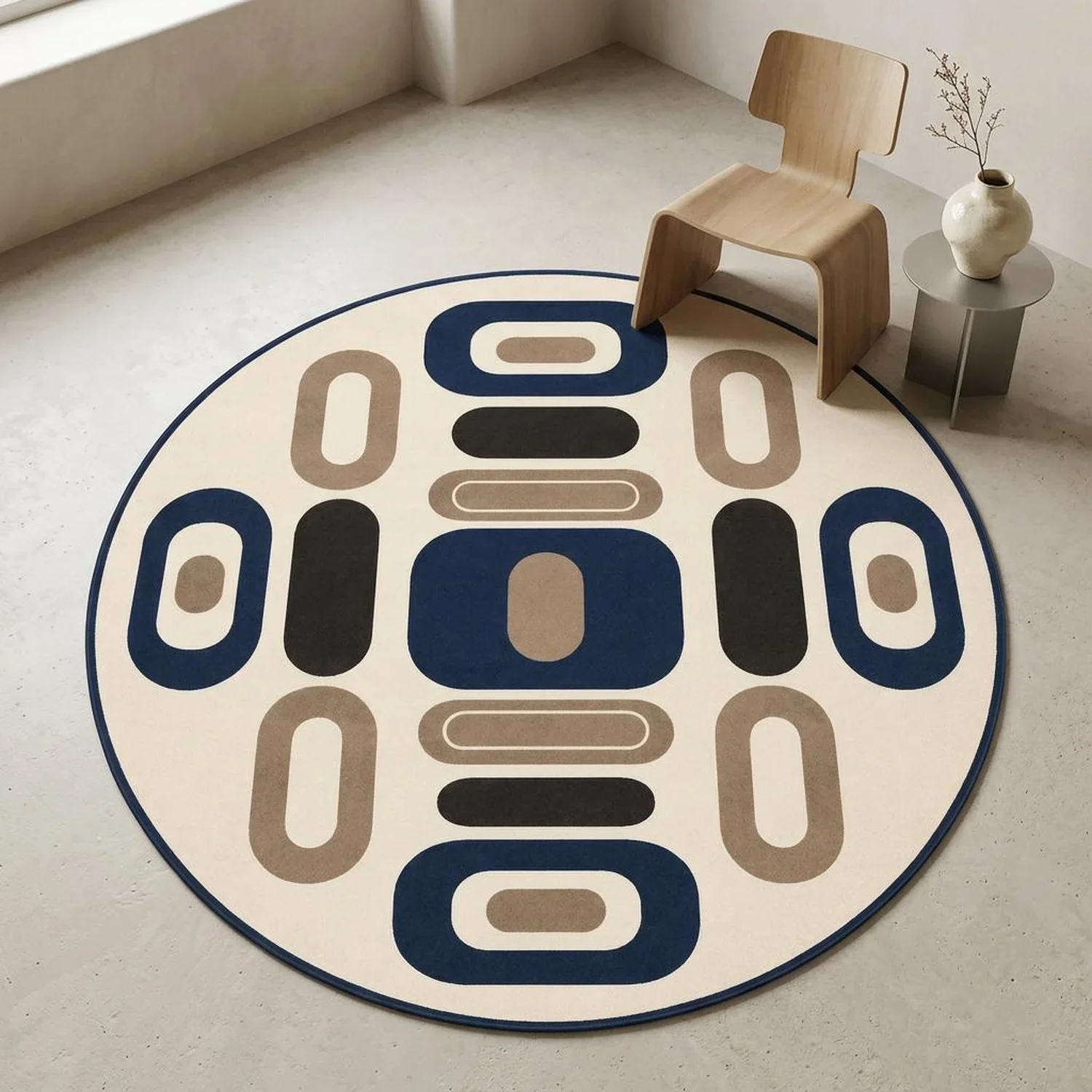 Navy Blue Geometric Round Rug, Washable, Medieval Style Entryway Decoration
