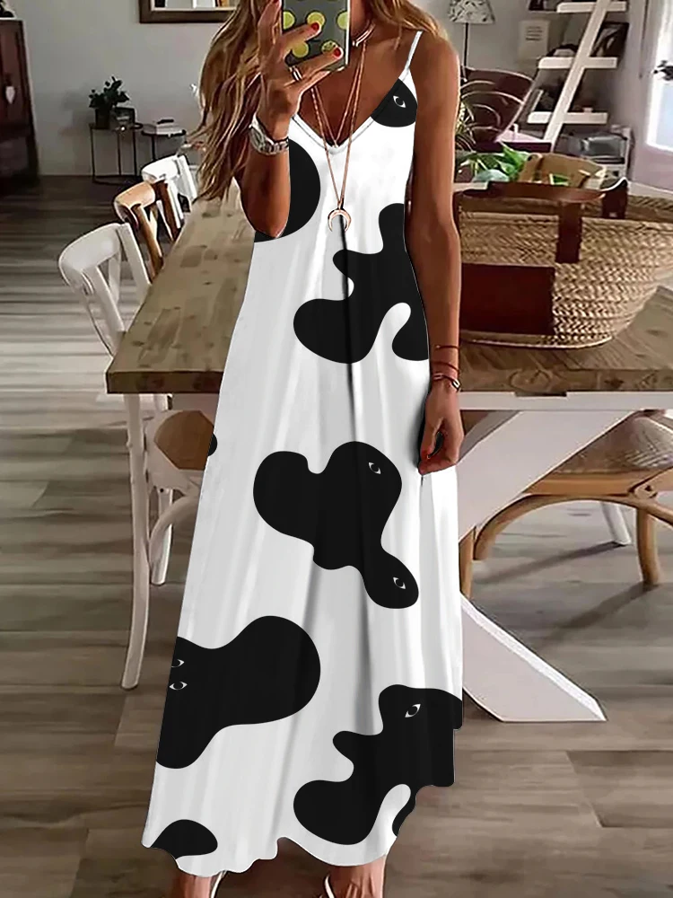 

2025 New 3D Cow And Eyes Print Women's Long Dress Summer Daily Casual Women's Sleeveless Dress Urban Street Ladies Elegant Dress
