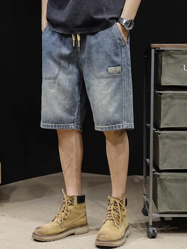 

American Retro Blue Jeans orts Men's Straight Leg Medium Pants Summer Thin Loose Casual Five-Quarter Pants