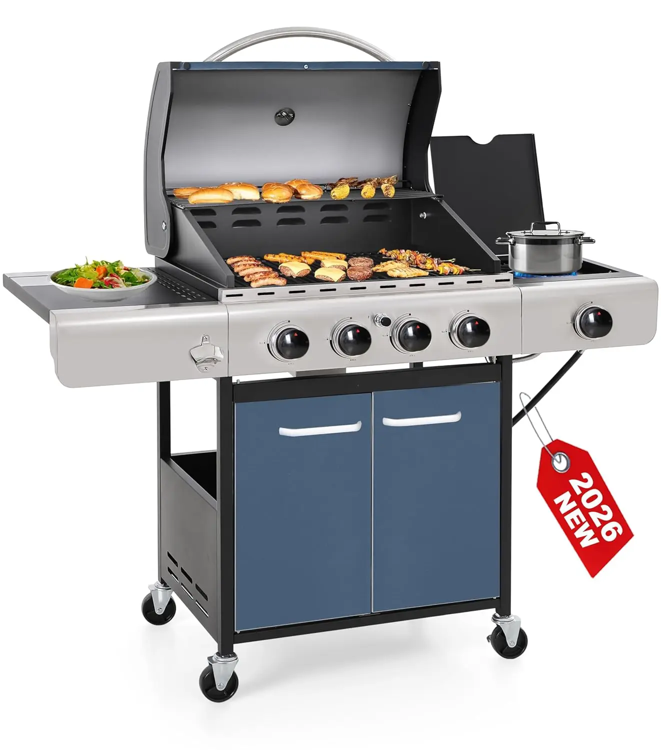 

Газовый гриль на 4 конфорки с боковой горелкой и чугунными решетками с порошковым покрытием, площадь гриля 545 кв. дюймов, на заказ