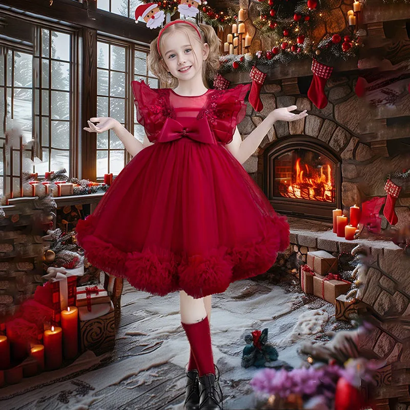 

Fluffy Christmas Costume Solid Color Ruffled Sleeve Princess Dress Girl Waist Bows Dresses For Girls Elegant Party Prom Birthday