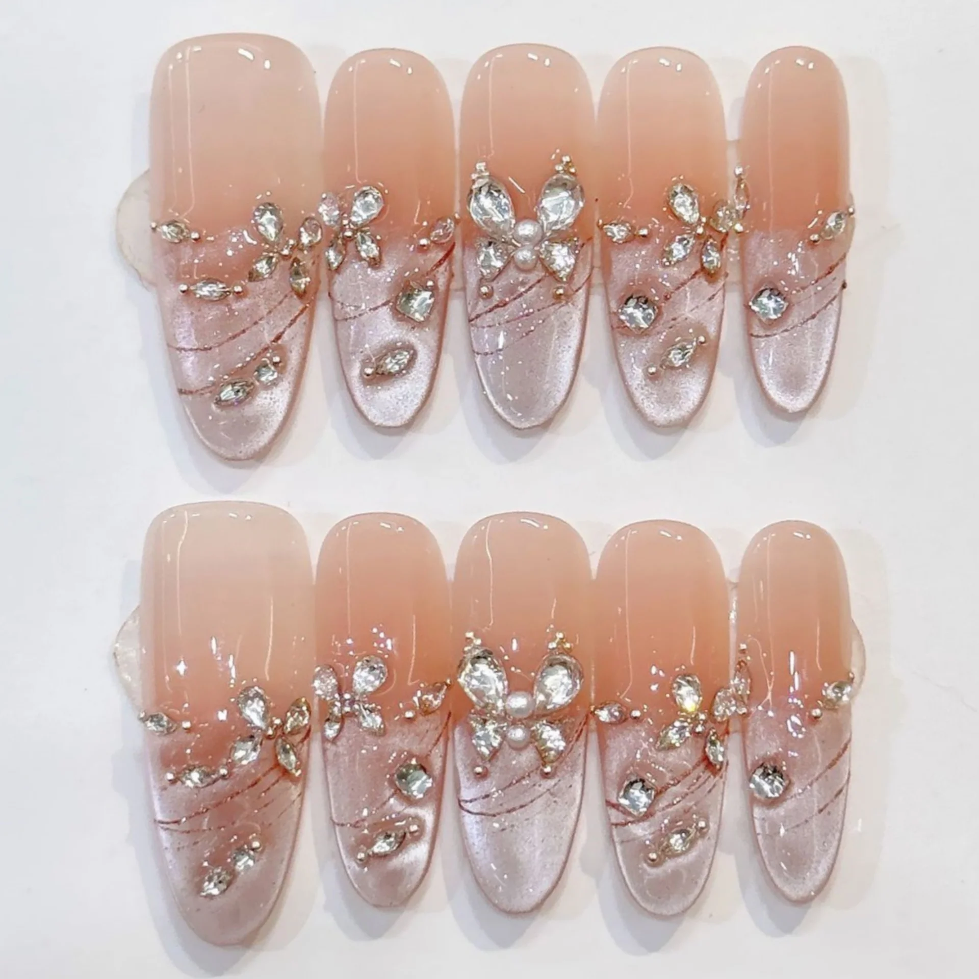 

10pcs Diamond Handmade False Nails Butterfly Cat's Eye Tip Long Oval Fake Nail Art Detachable Press on Nails Nude Color Manicure