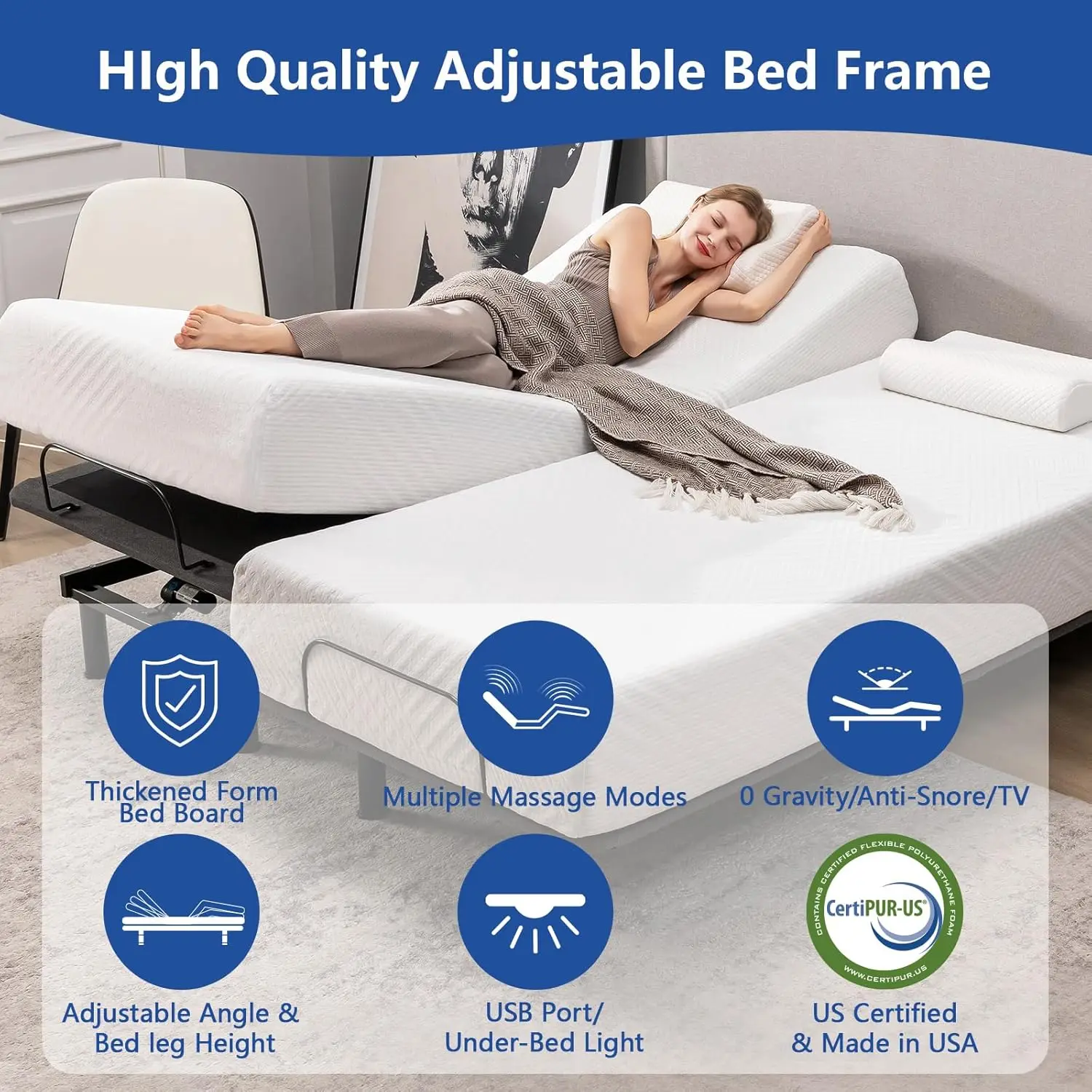 Twin Xl Adjustable Bed Frame With Massage, Updated Adjustable Bed Base With Thickened Frame, Wireless Remote, Head And Foot