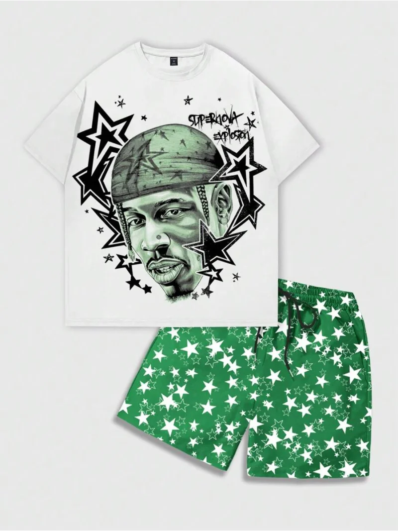 Spring/Summer Trendy Men's T-Shirt Set Hip Hop rap Printed Round Neck Short Sleeve and Shorts Outdoor Sports Two Piece Outfit