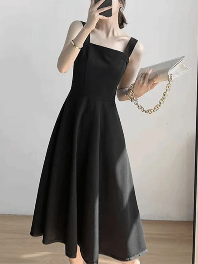 Casual Elegant Midi Strap Dress Women Black Sexy Sleeveless Slim Korean Dress Female 2024 Autumn Fashion Evening Party Dress Y2k