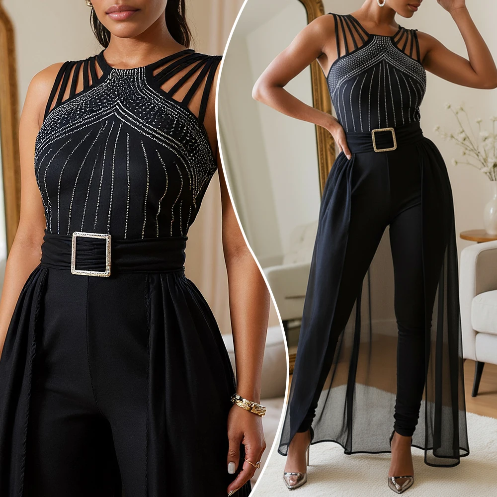 

Женские комбинезоны без рукавов, 2025 г., элегантные шикарные однотонные комбинезоны с круглым вырезом и широкими штанинами, топ с блестками