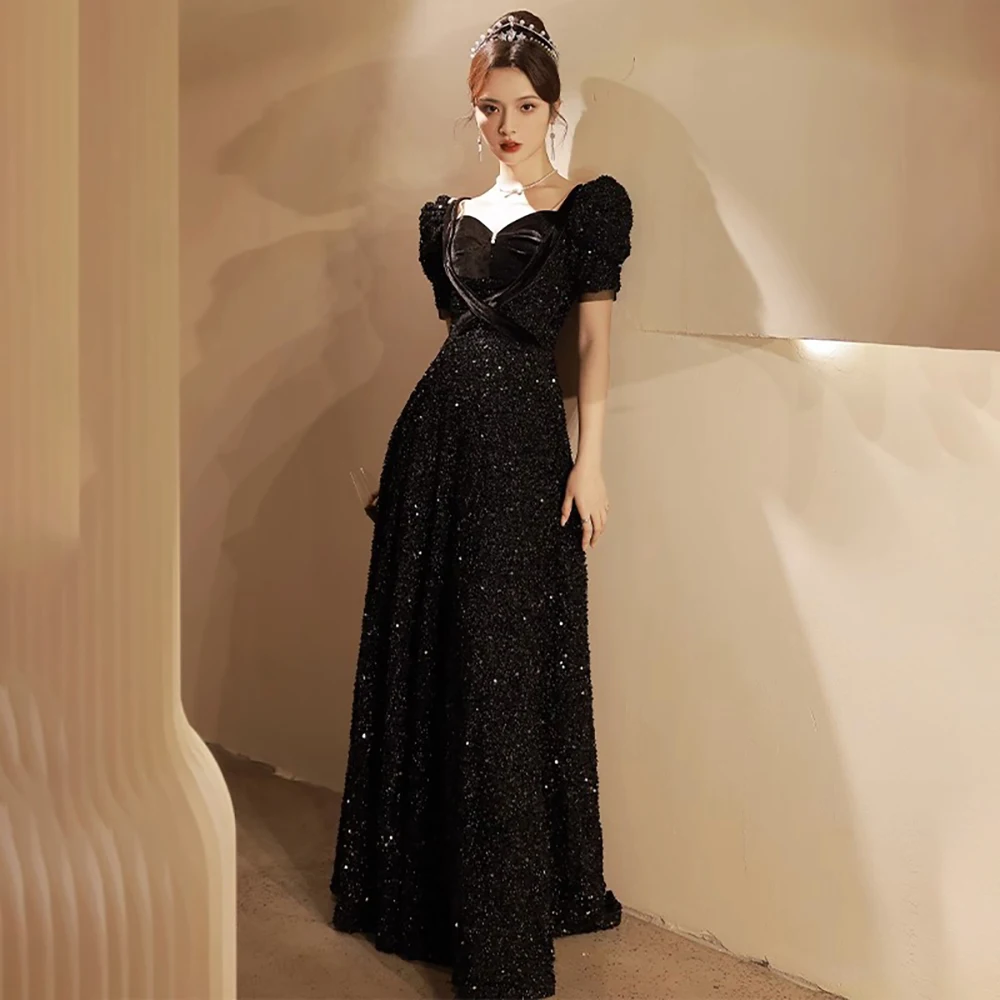 

Gothic Puffy Sleeve Prom Dresses for Wedding Guest Sweep Train Sweetheart Party Dress for Kids Black Sequin robe soireé femme