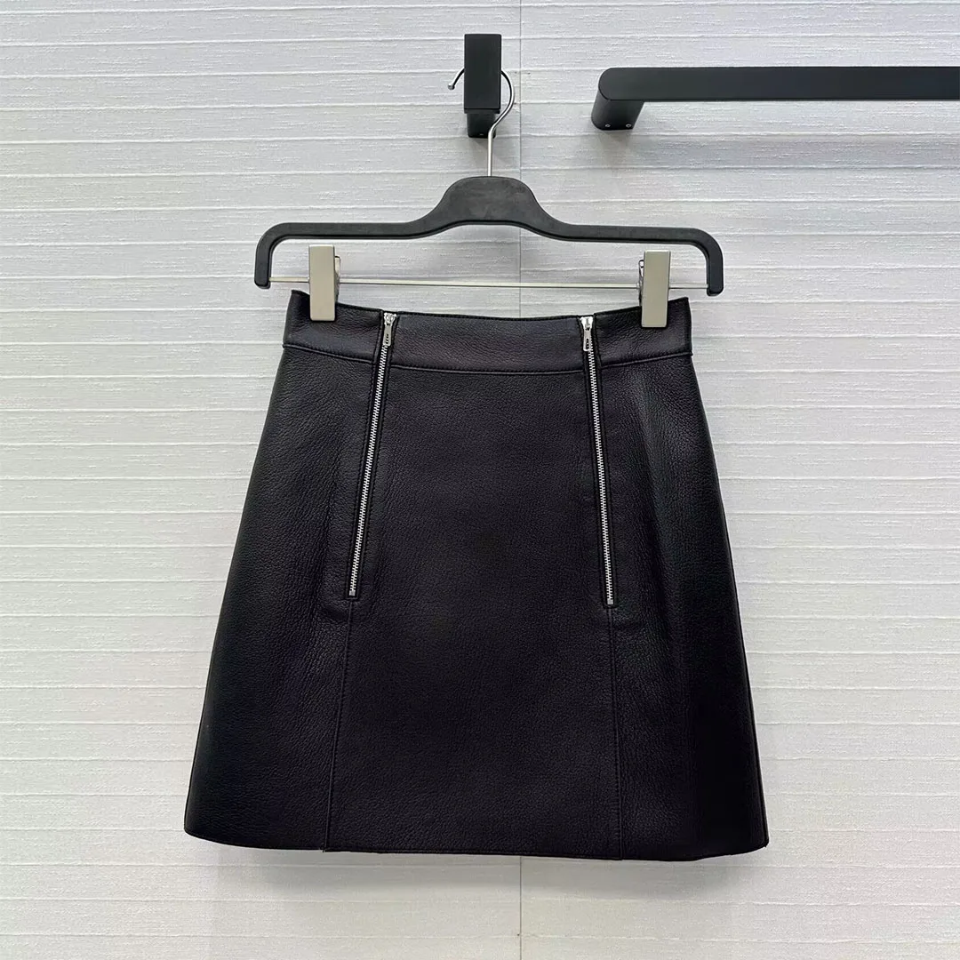 

2025 New Autumn Fashion 100% Sheepskin Leather Mini Skirts Womens High Waist Double Zipper Elegant Office Lady Vintage Skirt
