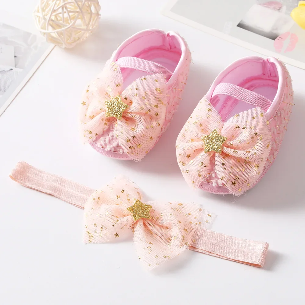 3 Months New Baby Girls First Walkers Soft Toddler Shoes Infant Toddler First Walkers Shoes Mesh Bowknot Princess Shoes Hairband