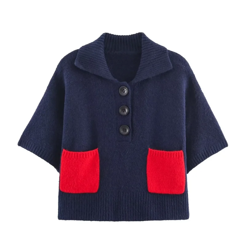 

Autumn Turn-down Collar Short Sleeve Knitted Tops Women Buttons Decoration Contrasting Tops Female Casual Wear 2025 New