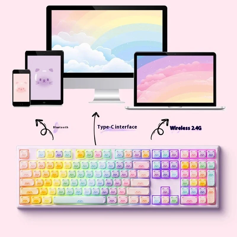 Akko Mg108b  Colored Sugar Cat Mechanical Keyboard Wireless Tri Mode Rgb Hot-Swap Customized Cute Accessories Office Girls Gift