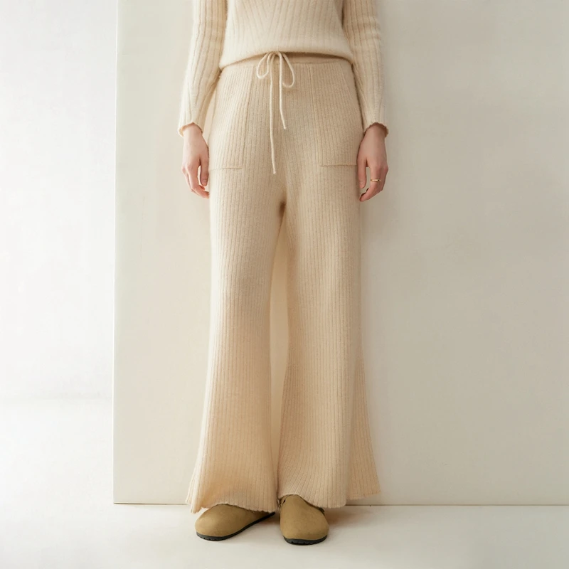 Women's 100% Pure Cashmere Wide Leg Pants Knitted Long Trousers 2025 Winter Fashion Loose Fit Female Woolen Pant NF A12