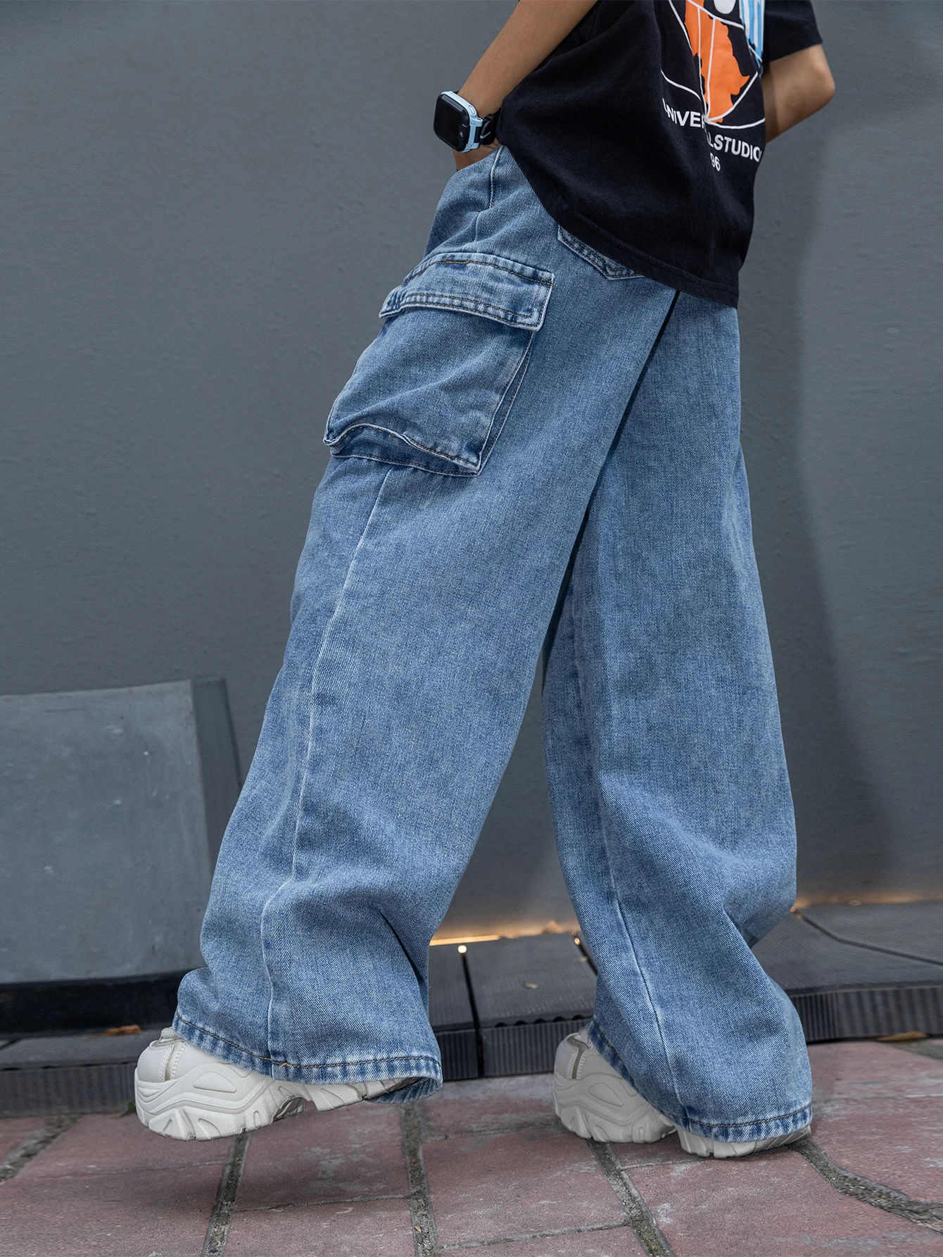 ヴィンテージウォッシュのアカデミックスタイルカジュアルワークウェアストレートレッグジーンズ、10代の男の子向け - ルーズフィットワイドL