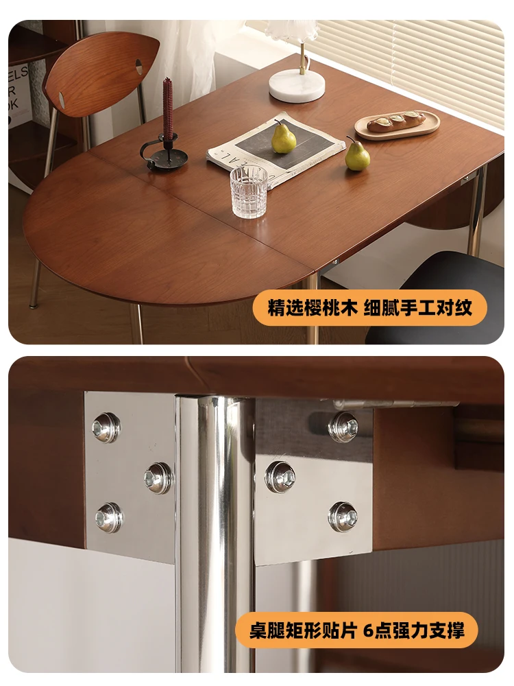 Mesa de comedor plegable de madera de cerezo, mesa de comedor medieval de madera maciza y silla, mesa retráctil ovalada combinada