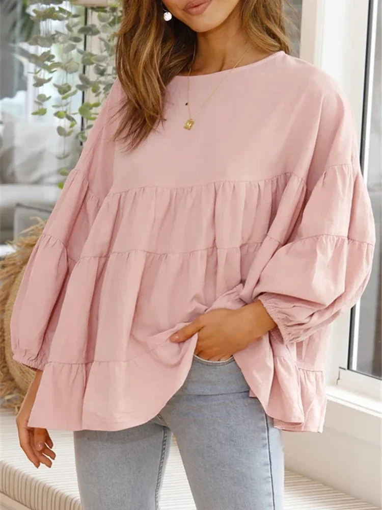 2024 Summer Women\'s Oversize Shirts and Blouses New Puff Sleeve Loose Fit Shirt for Women Solid Color O Neck Tops Blusas Mujer