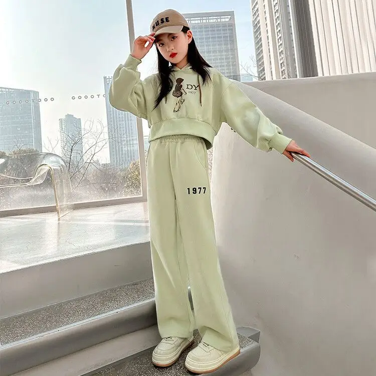 2025 autumn spring teenager kids girl Child set crop top Hooded tracksuit sweatshirt top and bottom wide leg pants 8 12 Year