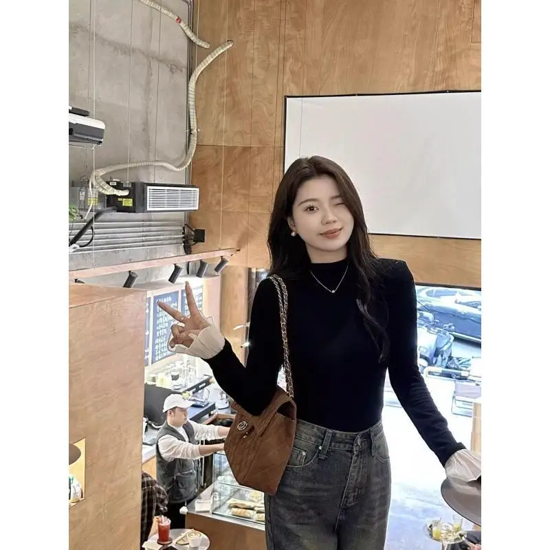 

Новая осенняя женская футболка с длинным рукавом: мягкая, черная, облегающая, с эффектом похудения, модный базовый топ