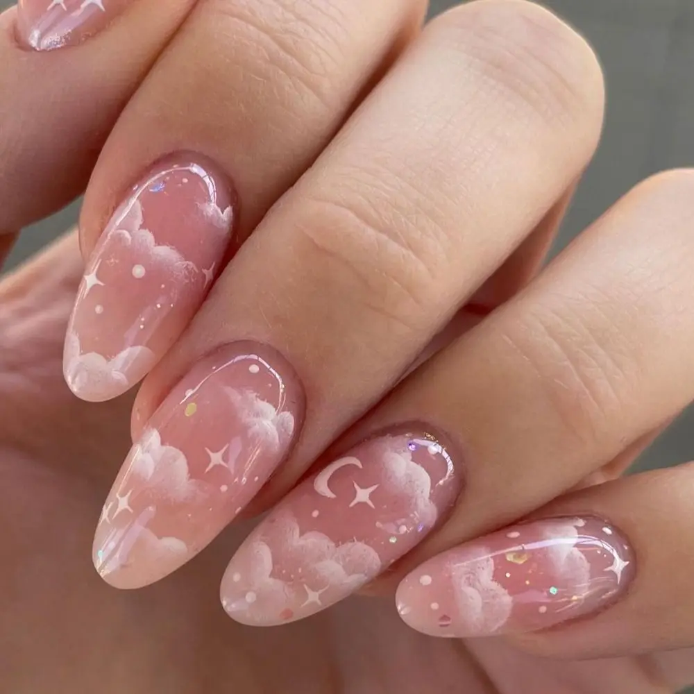 Manicure longo amêndoa unhas falsas francês rosa nuvem imprensa em unhas glitter flores estrela falso nials feminino