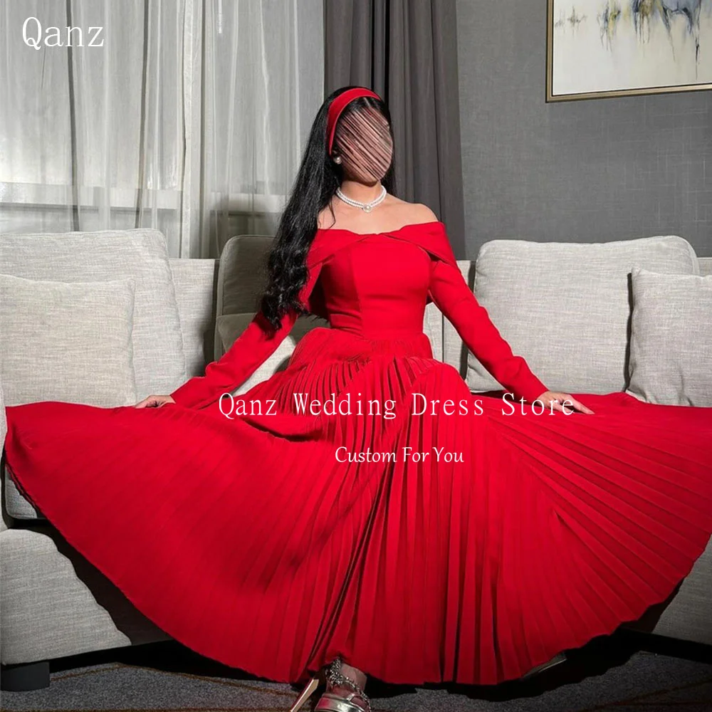 Qanz Red Long A Line Prom Dresses Dubai Long Sleeves Vestidos De Fiestas Elegantes Mujer Formal Occasion Dreeses Customized