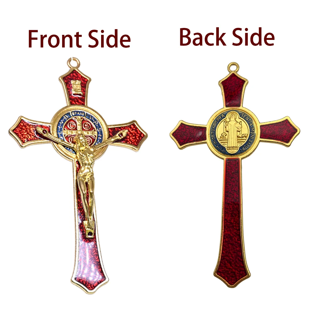 Saint Benedict Benedictine Red Enamel 4.7X2.7 Inch Protection Wall Crucifix Cross Catholic San Benito Medalla Prayer Decoration