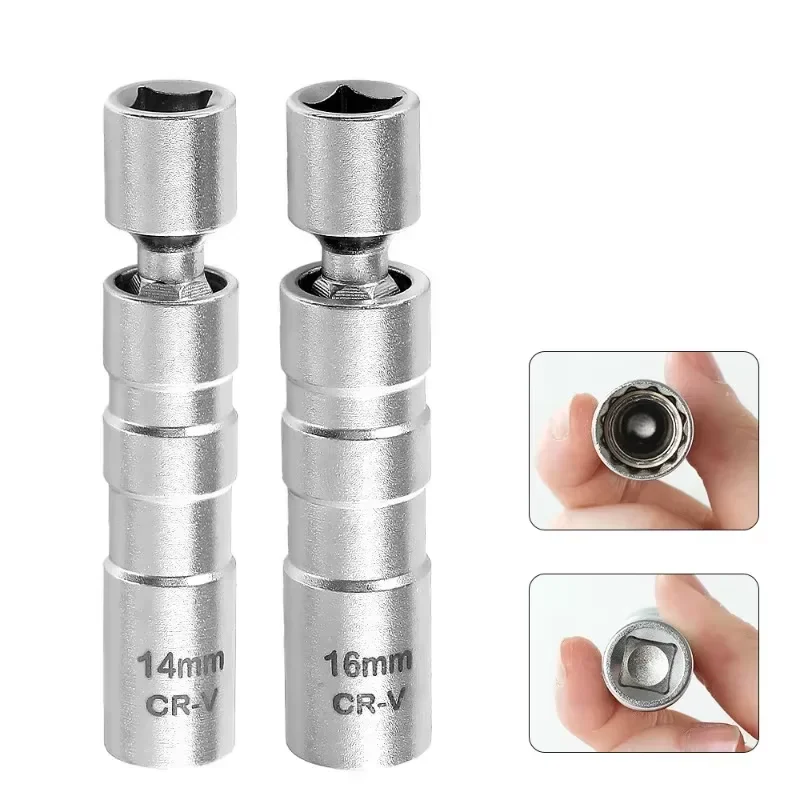 14mm 16mm Spark Plug Removal Tool Wrench Magnetic Sleeve 12-Point Swivel Spark Plug Socket Adapter 3/8Inch Drive Car Repair Tool