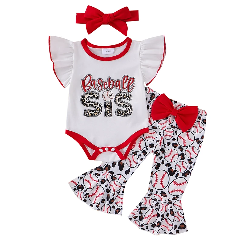 

Baby Girls Summer 3PCS Sets Flying Sleeve Romper Baseball Print Flared Pants Headband Sets