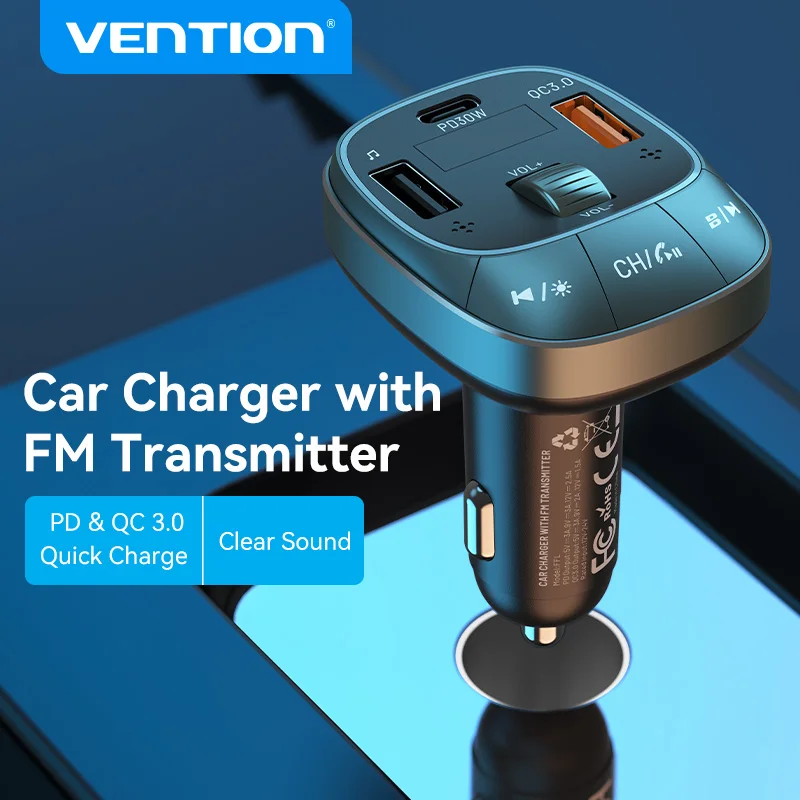 Vention Bluetooth 5.0 FM Transmitter Handsfree Car Radio AUX Modulator MP3 Player 30W Type-C PD 3.0 Car Fast Charging For iphone