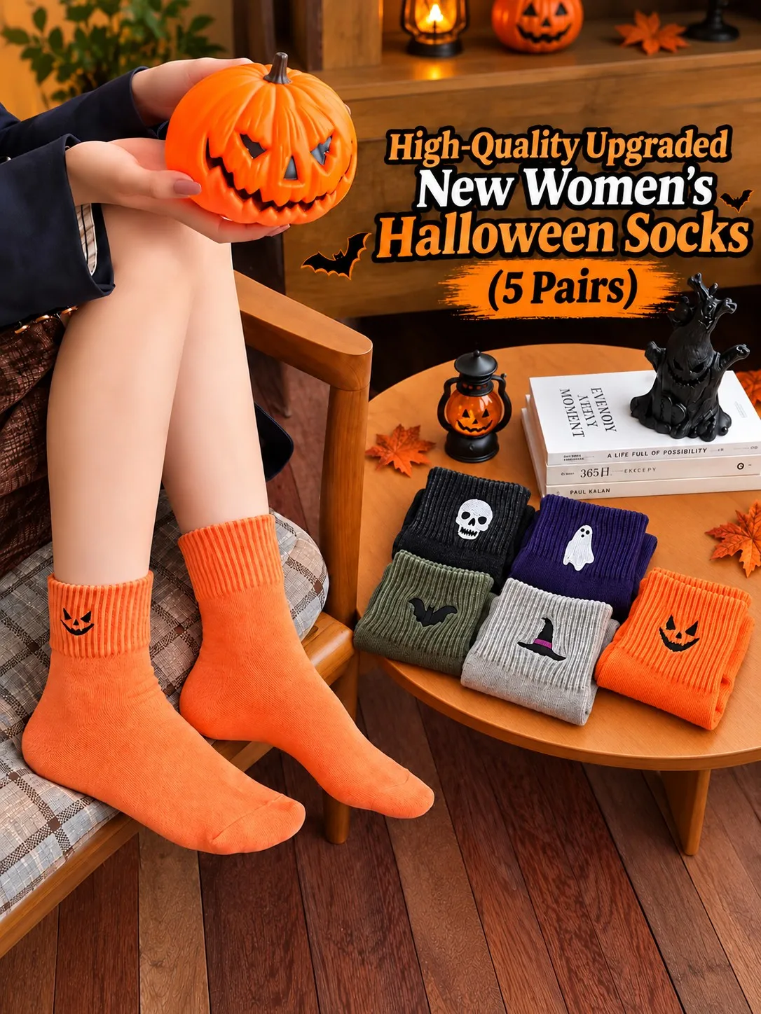 Women Halloween Crew Socks Pumpkin Ghost Bat, Fall Winter Essential, Xmas Birthday Mothers Fathers Day Gifts Mom Wife GF