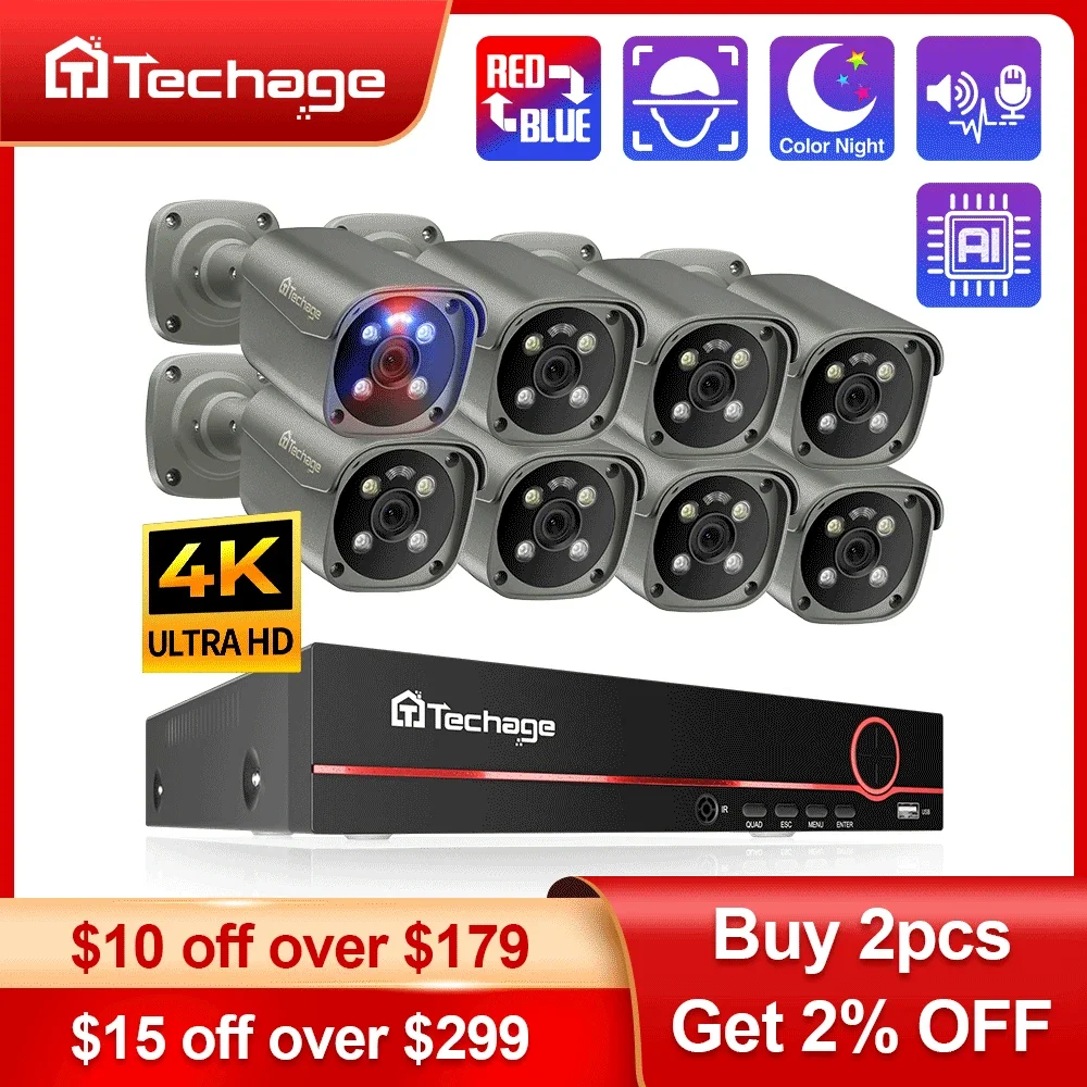 Techage 4K Security Camera System Ultra HD 8MP POE NVR Two-Way Audio Face Detect Color Night Vision CCTV Video Surveillance Set