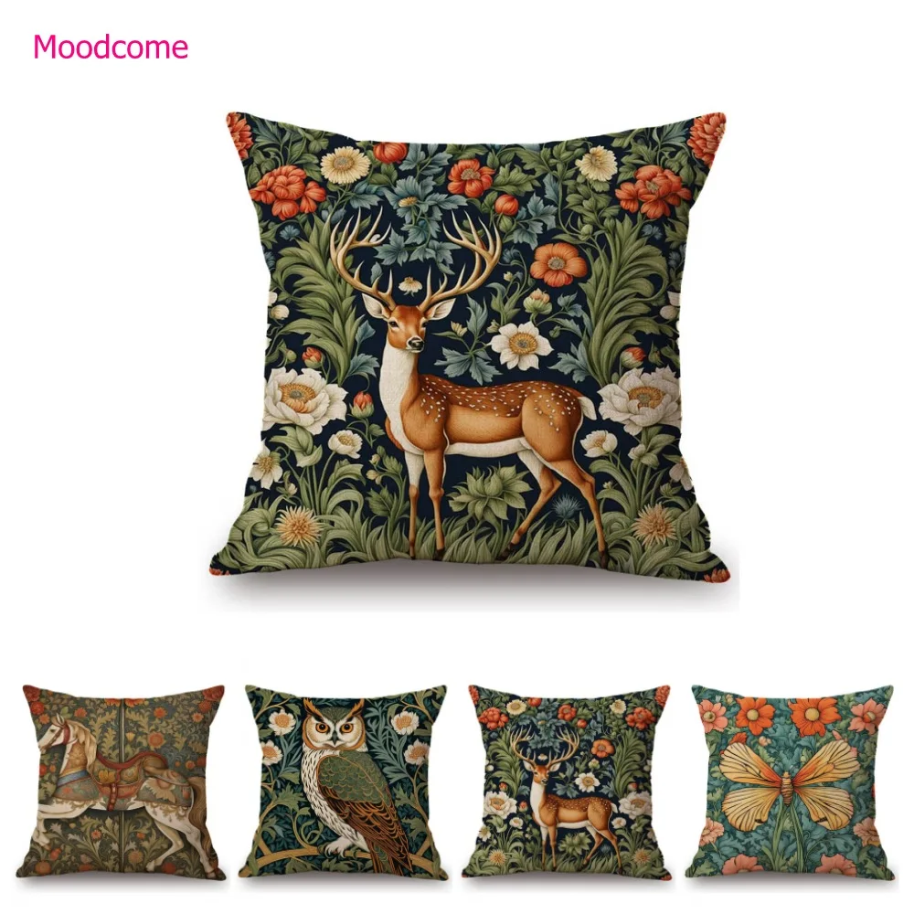 Classic Morris Flower Style Animals Deer Bird Horse Butterfly Night Owl Home Decorative Pillow Case Linen Sofa Cushion Cover