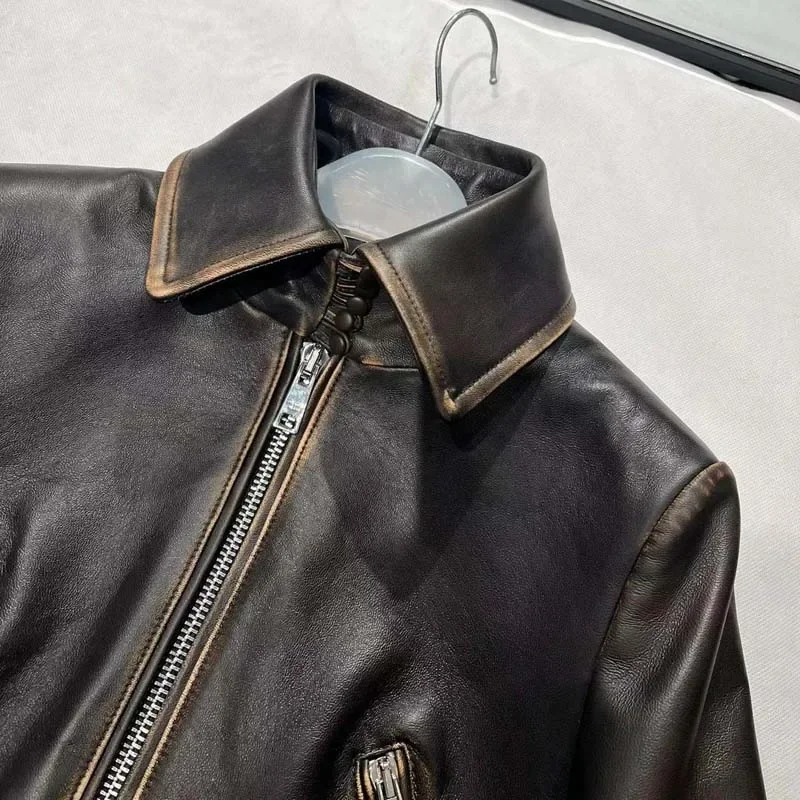 High quality women coat spring 2024 genuine leather jacket do the old wear process turn-down collar lace-up decorations