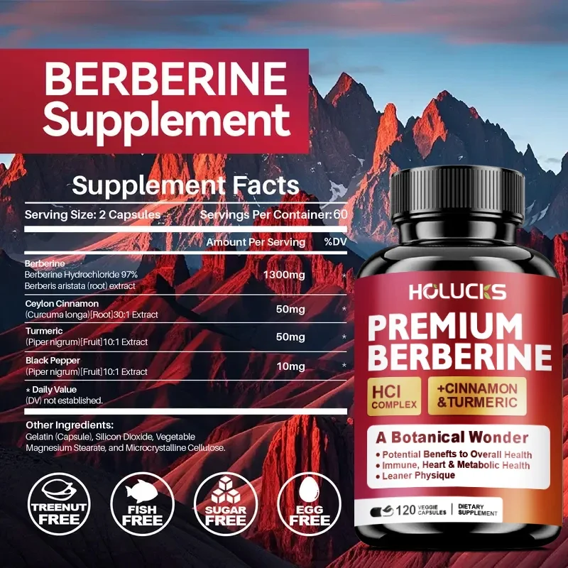 

Комплекс Holucks Premium Berberine HCl с корицей и куркумой, здоровьем сердца, помощь сахарным метаболизмом, сбалансированными 120 капсул