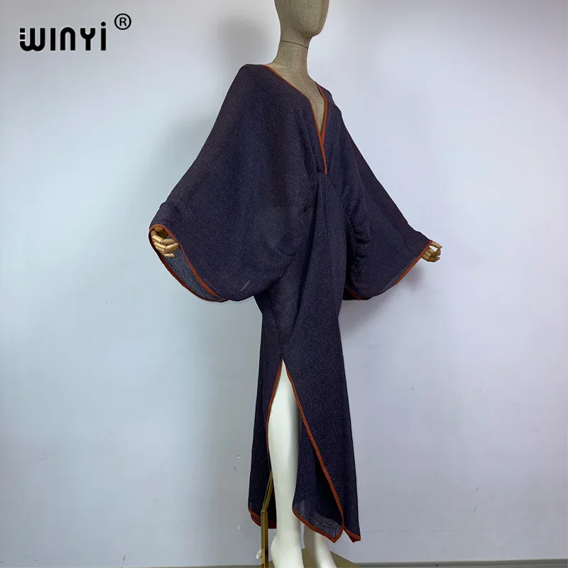 WINYI 2023 Solid color pleated edge deep V sexy maxi long dress Women batwing Sleeve holiday elegant evening dress fashion robes