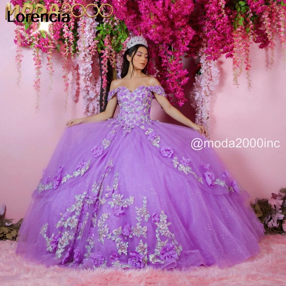 

Lorencia элегантное фиолетовое Цветочное платье Quinceanera бальное платье блестящее кружево аппликация корсет, вышитый бусинами Sweet 16 Vestidos De 15 лет YD32