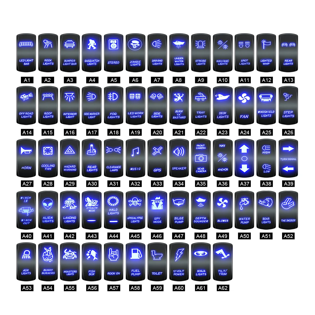 PSEQT Blue Car Boat Rocker Switches SPST/DPDT Laser Etched 12V-24V Choose 62 Styles Rocker Toggle Switch 10A 20A ON-Off