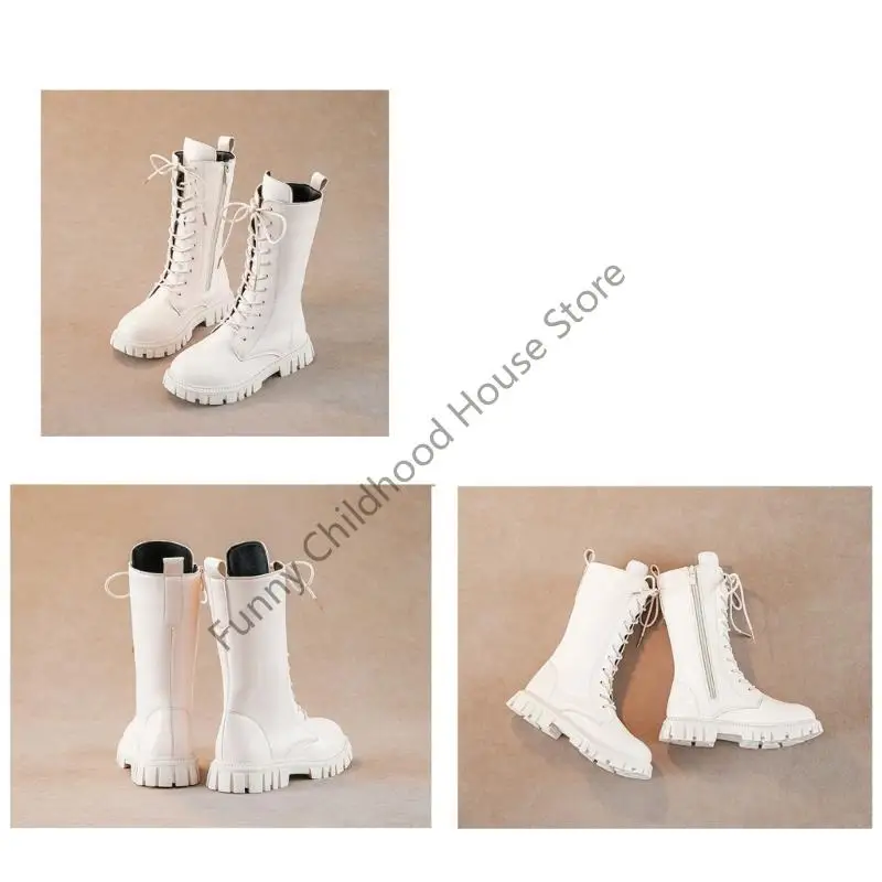 D0LA الفتيات الكالوشات القتالية ذات الأربطة البيضاء مع سحاب جانبي، فستان يصل إلى الركبة/كالوشات مدرسية طفل صغير/أطفال