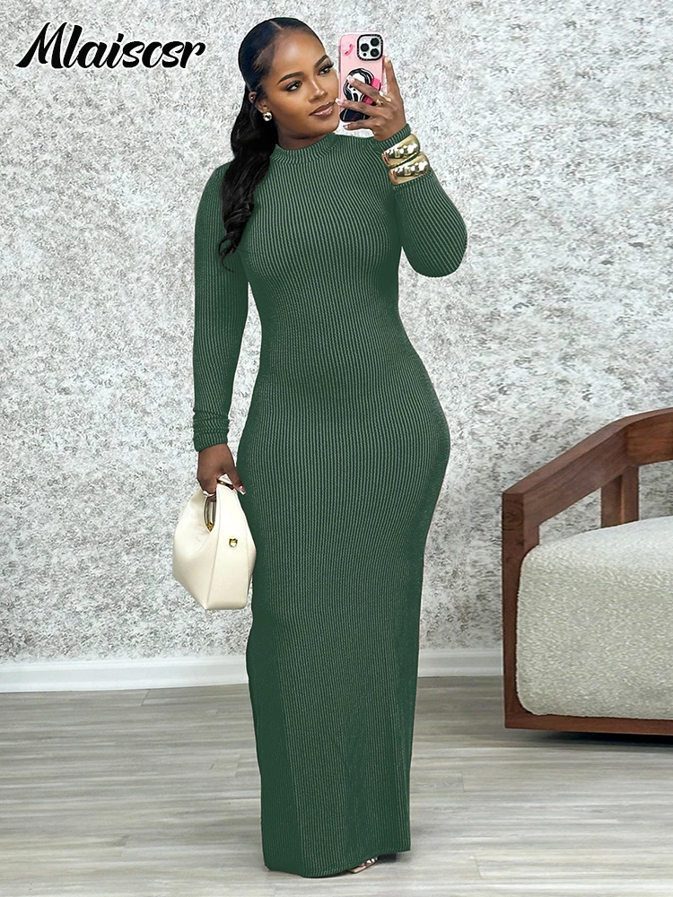 

Mlaiscsr Knit Ribbed Elegant Evening Dresses Women Long Sleeve Side Split Slim Bodycon Sexy Birthday Party Prom Fall Winter Robe