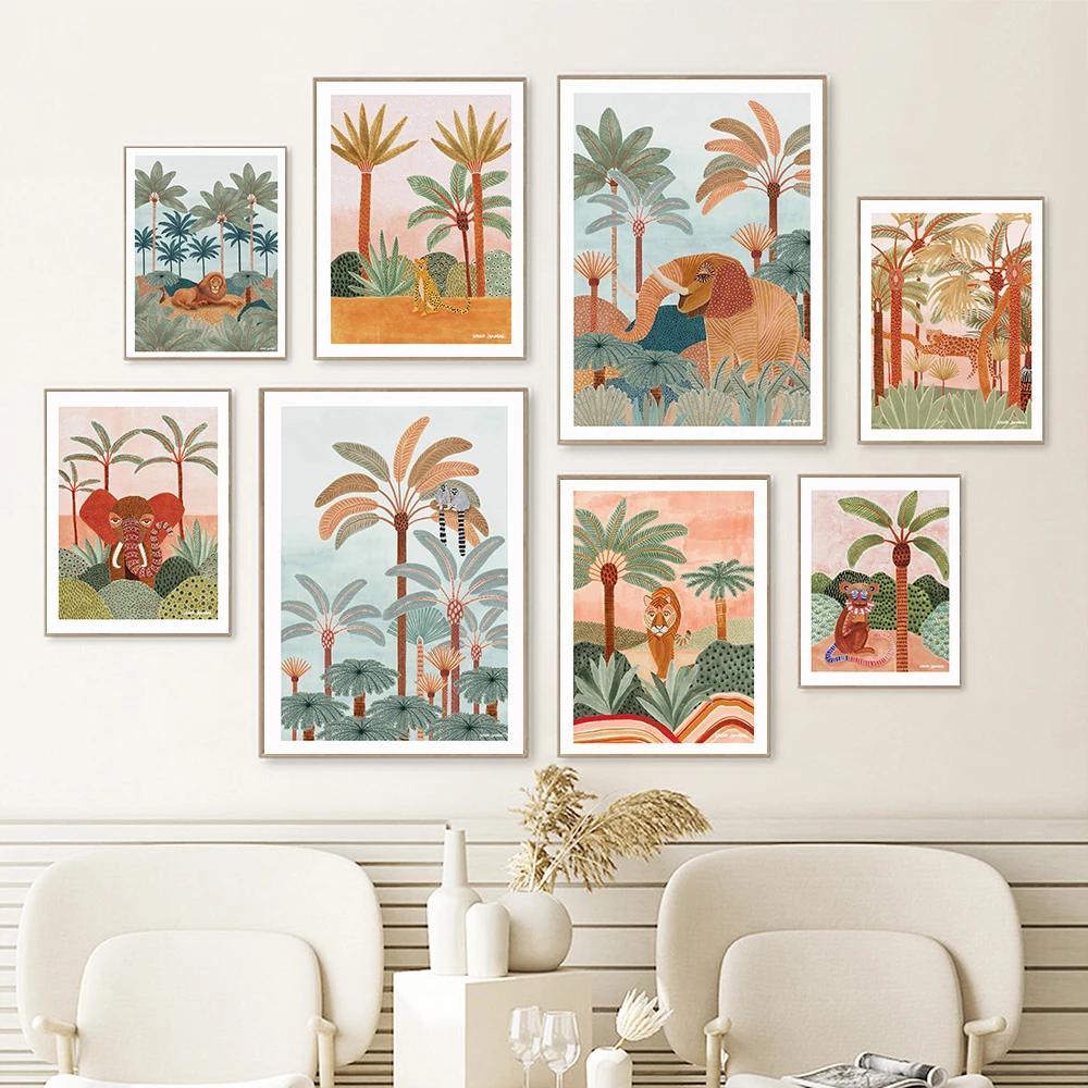 

Boho Tropical Elephant Monkey Animal Canvas Painting Nordic Retro Terracotta Poster Print Wall Art Picture Livingroom Home Decor