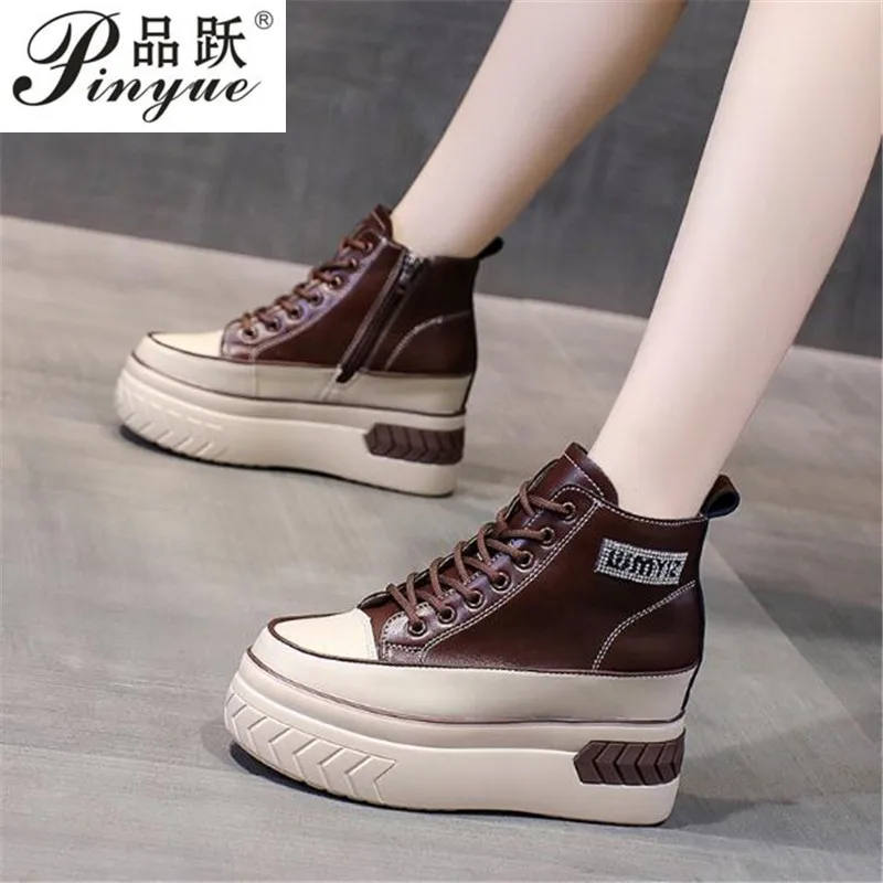 

2023 Autumn High Platform Sneakers 8CM High Heels Women Thick Sole Ankle Boots Leather Wedge Winter Casual Shoes