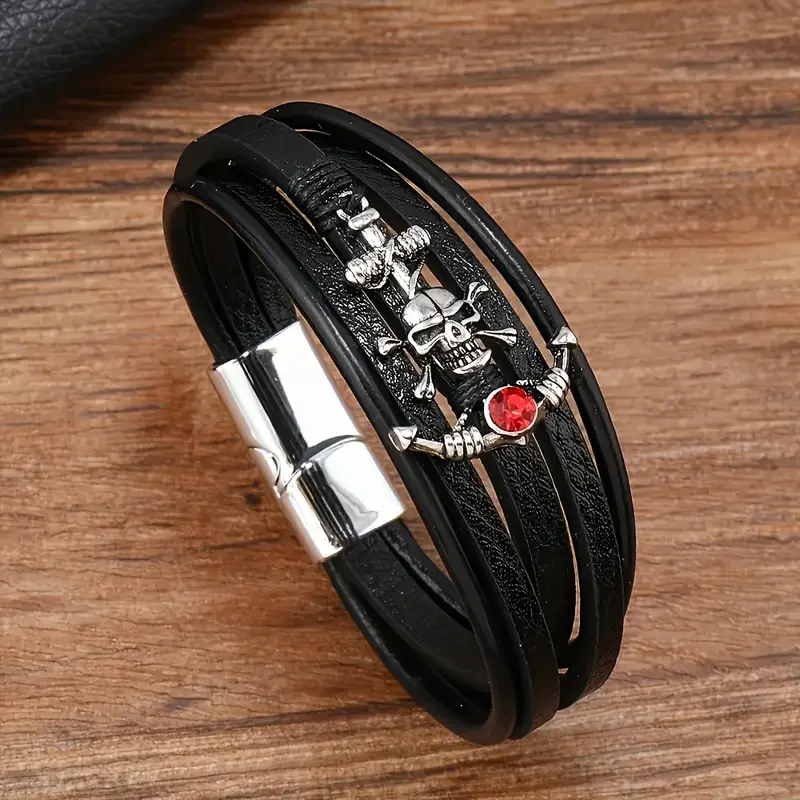 

1 Pcs Classic Men 5 Layer Woven Leather Bracelet Magnetic Detachable Alloy Cross Skull Head Wristband Fashion Men Jewelry Gifts