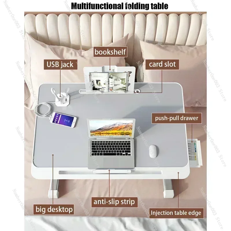 Foldable Lift Laptop Desk for Bed, Adjustable Stand, Portable Lap Table, Breakfast Tray, Drawer for Eating, Working and Gaming