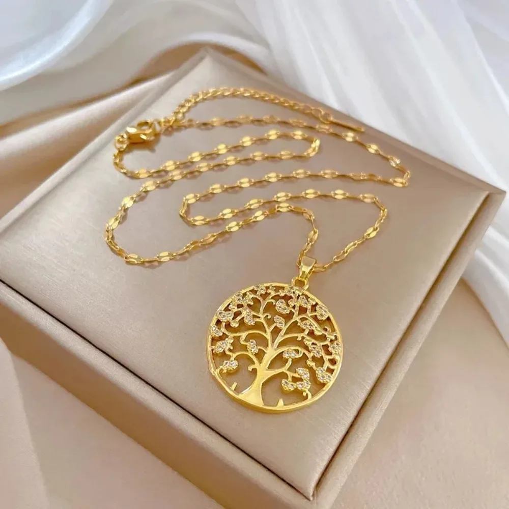 Temperamental Luxury Rhinestone Tree of Life Pendant Necklace Women Vintage Stainless Steel Waterproof Chain Aesthetic Jewelry